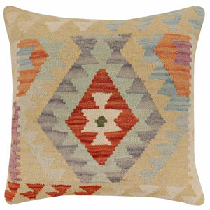 18x18 hand woven kilim throw pillow in rust, blue and yellow - Southwestern Oneill
