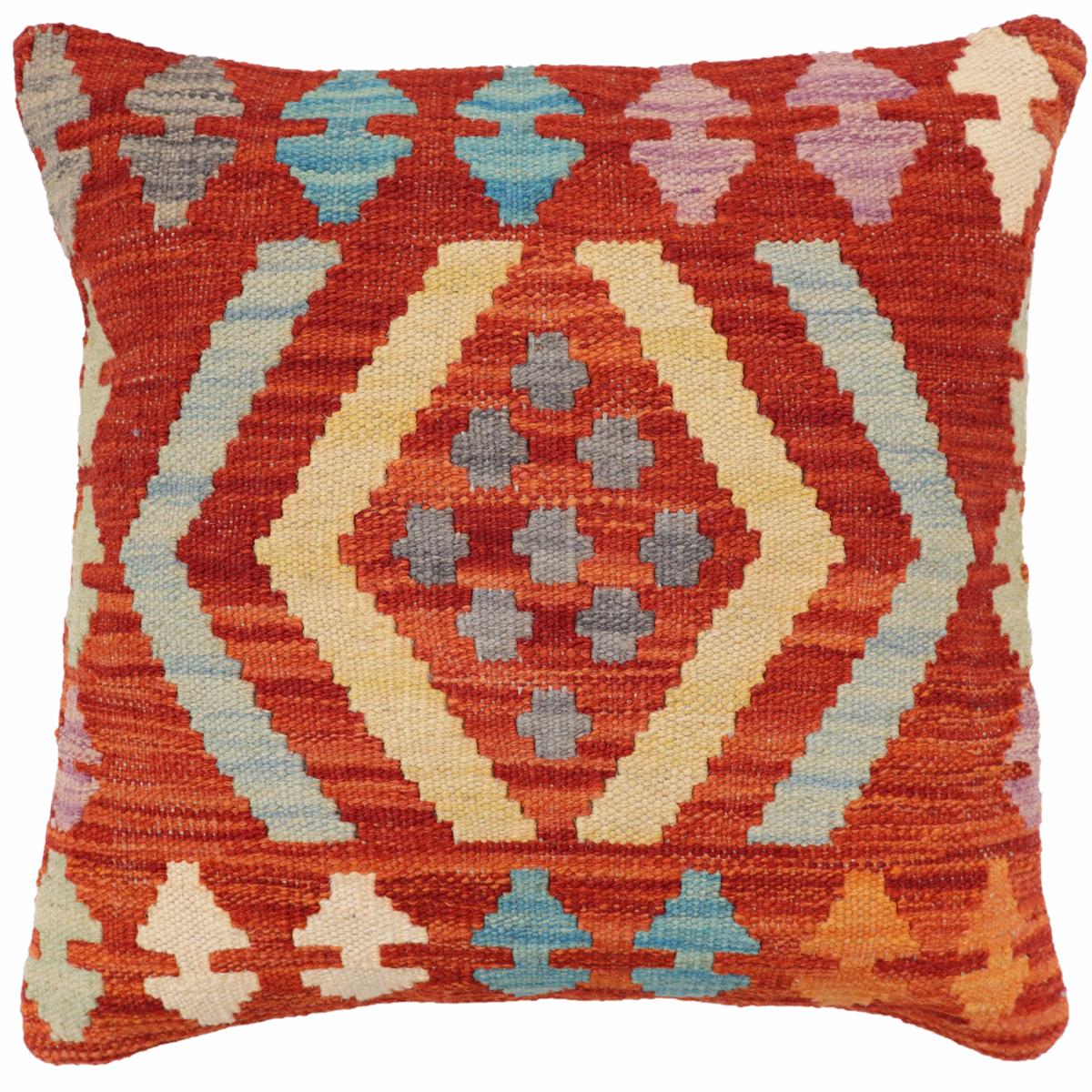 18x18 hand woven kilim throw pillow in rust, blue and gray - Bohemian Jarvis