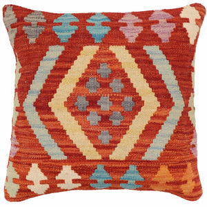 18x18 hand woven kilim throw pillow in rust, blue and gray - Bohemian Jarvis