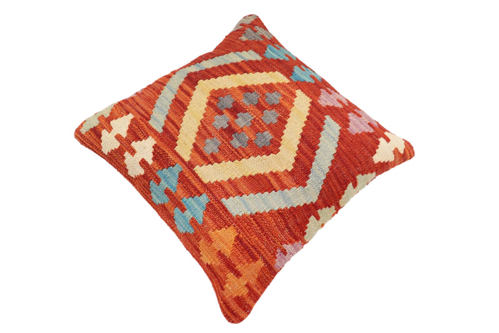 handmade Traditional Pillow Rust Blue Hand-Woven SQUARE 100% WOOL Hand woven turkish pillow2 x 2