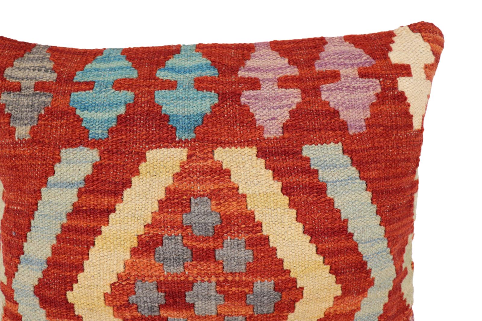 handmade Traditional Pillow Rust Blue Hand-Woven SQUARE 100% WOOL Hand woven turkish pillow2 x 2