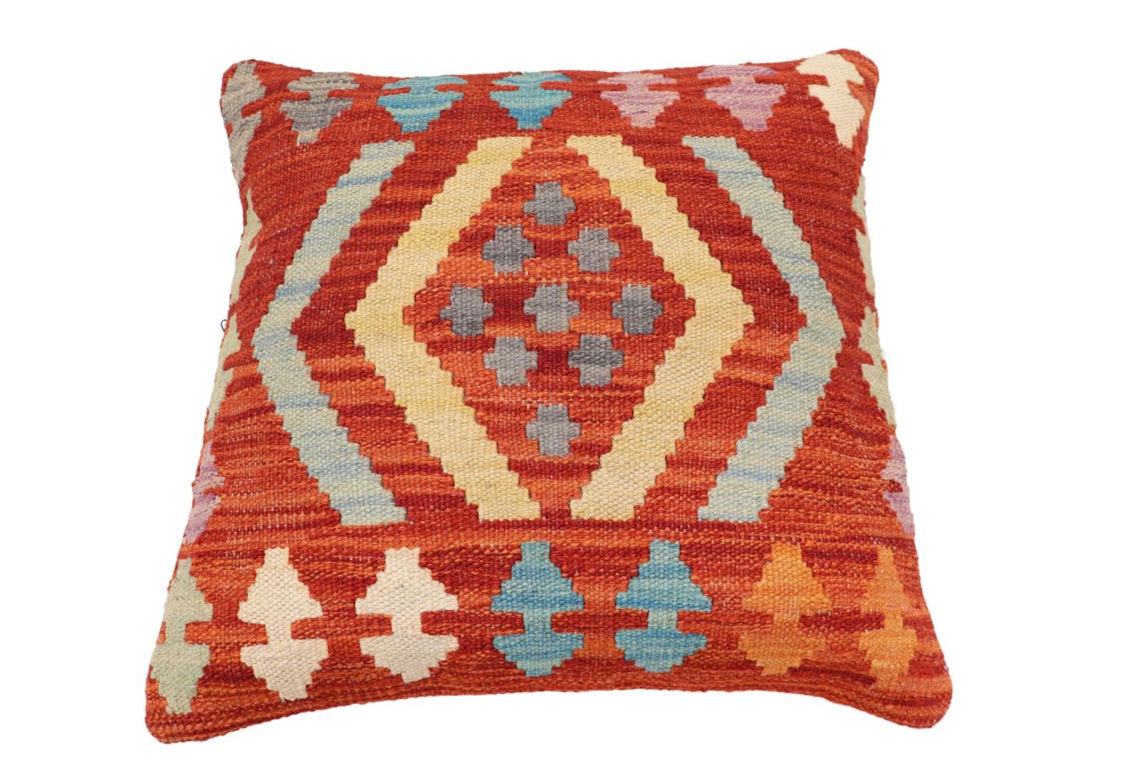 handmade Traditional Pillow Rust Blue Hand-Woven SQUARE 100% WOOL Hand woven turkish pillow2 x 2