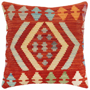 18x18 hand woven kilim throw pillow in rust, blue and gray - Boho Chic Silva