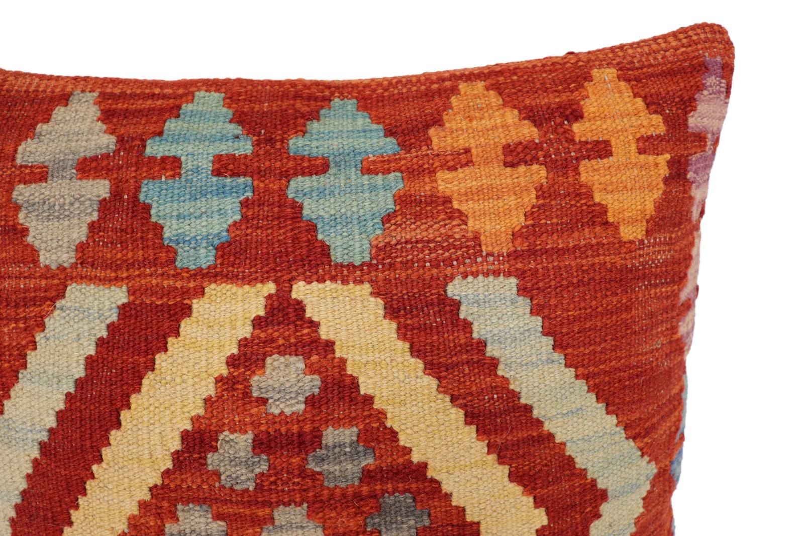 handmade Traditional Pillow Rust Blue Hand-Woven SQUARE 100% WOOL Hand woven turkish pillow2 x 2