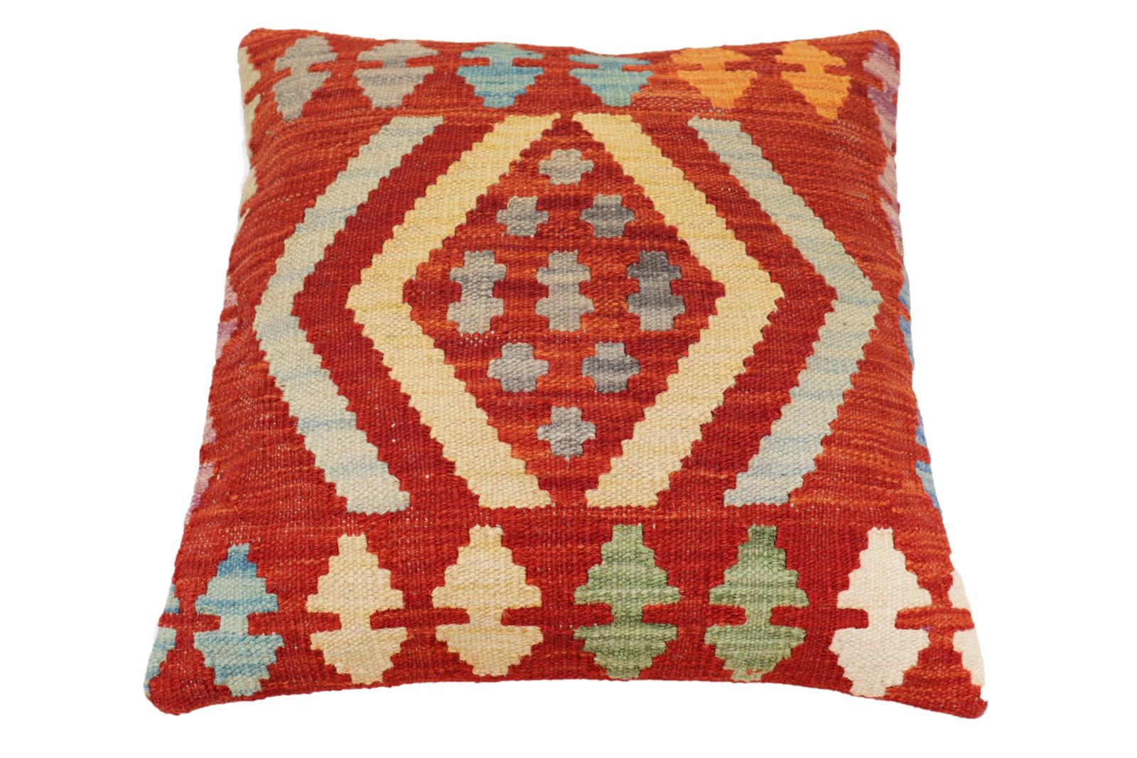 handmade Traditional Pillow Rust Blue Hand-Woven SQUARE 100% WOOL Hand woven turkish pillow2 x 2
