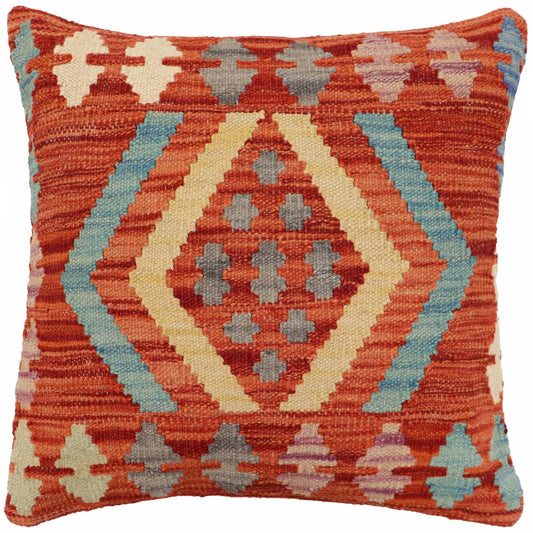 handmade Traditional Pillow Rust Blue Hand-Woven SQUARE 100% WOOL Hand woven turkish pillow2 x 2