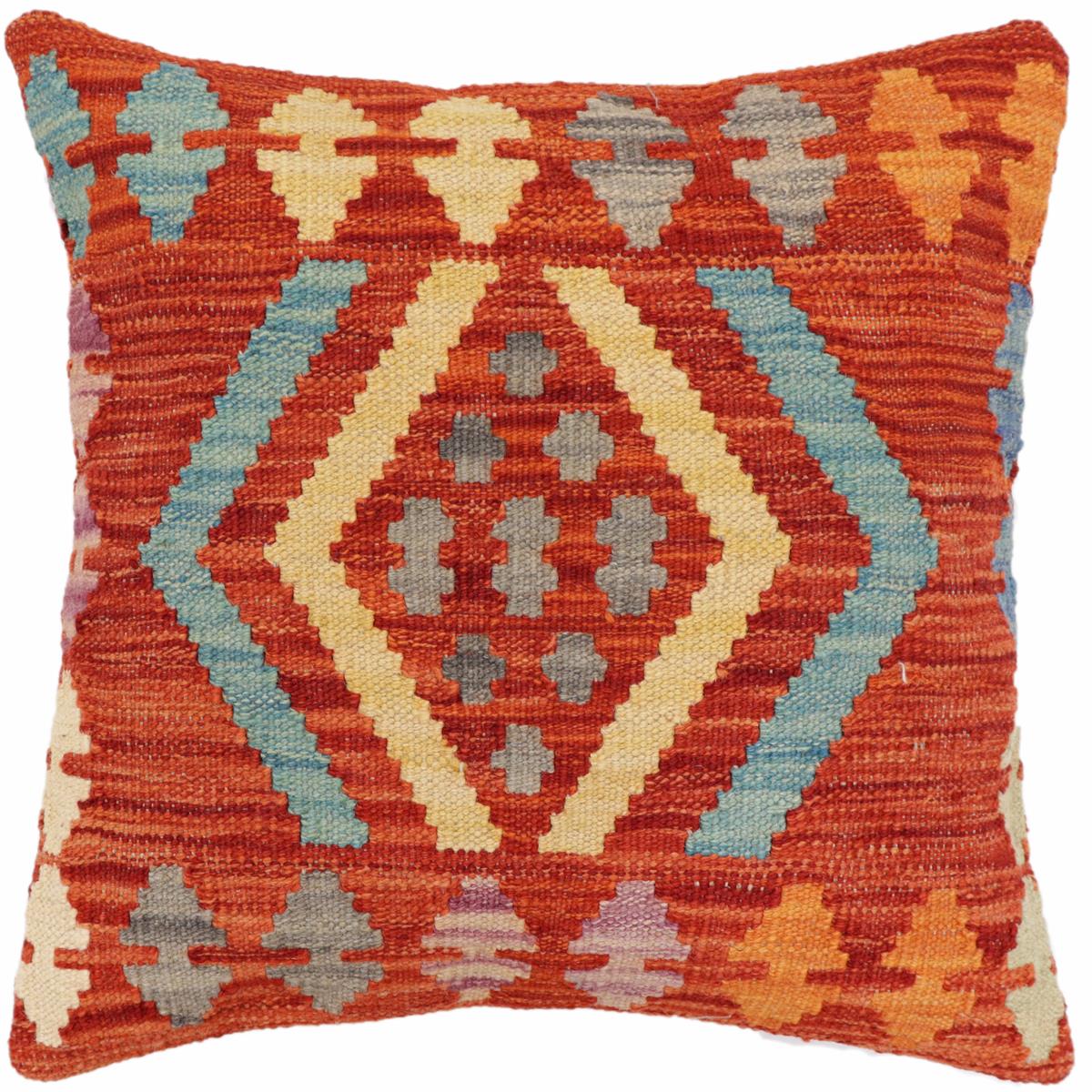 18x18 hand woven kilim throw pillow in rust, blue and gray - Bohemian Mercer