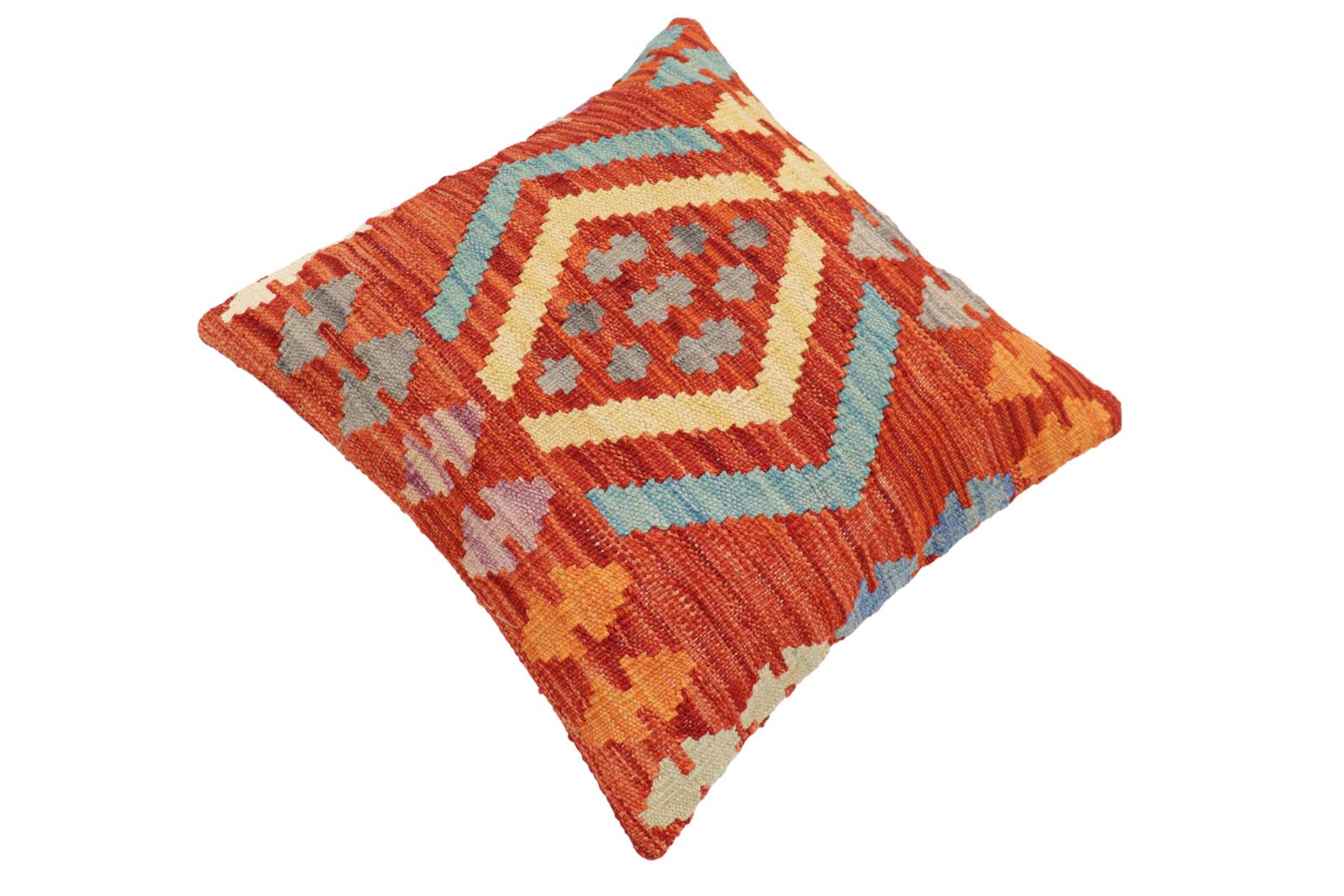 handmade Traditional Pillow Rust Blue Hand-Woven SQUARE 100% WOOL Hand woven turkish pillow2 x 2