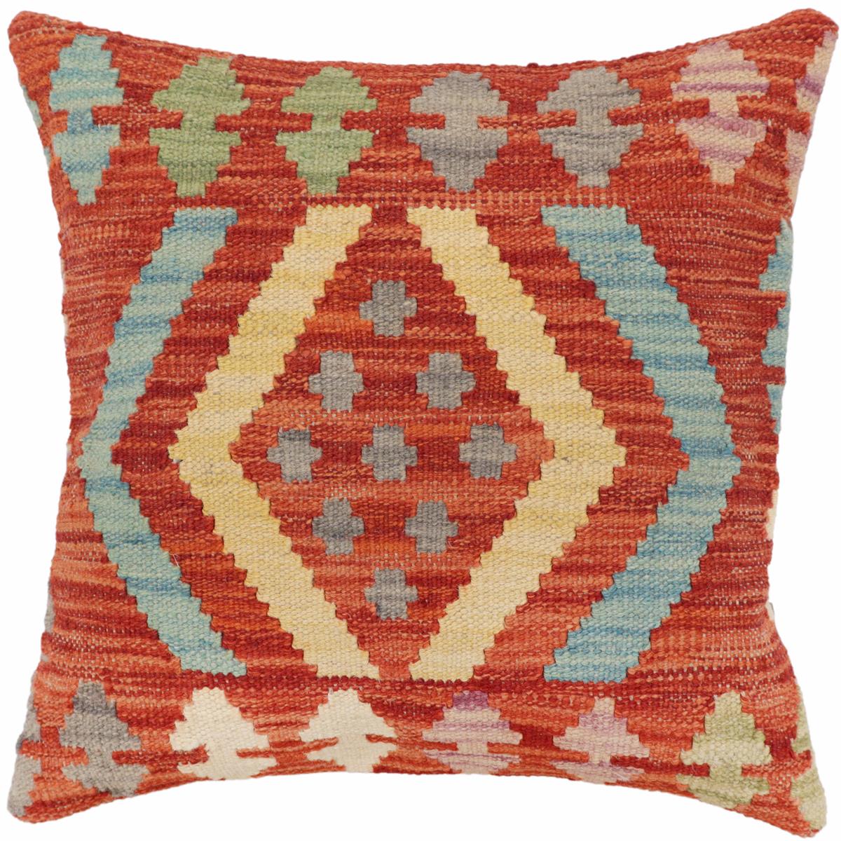 18x18 hand woven kilim throw pillow in rust, blue and gray - Boho Chic Hood