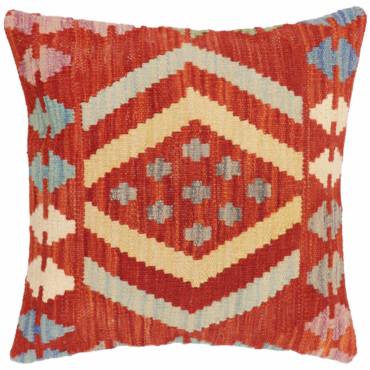 18x18 hand woven kilim throw pillow in rust, blue and gray - Rustic Mccall