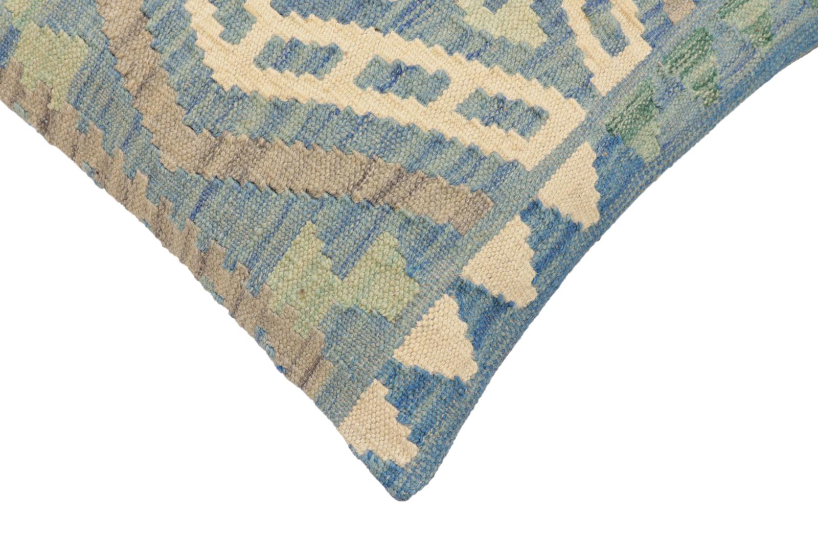 handmade Traditional Pillow Blue Beige Hand-Woven SQUARE 100% WOOL Hand woven turkish pillow2 x 2