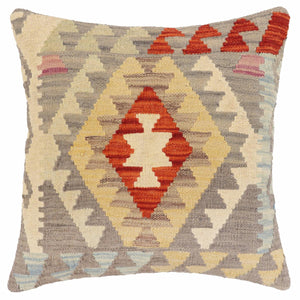18x18 hand woven kilim throw pillow in gray, rust and blue - Boho Chic Woodard
