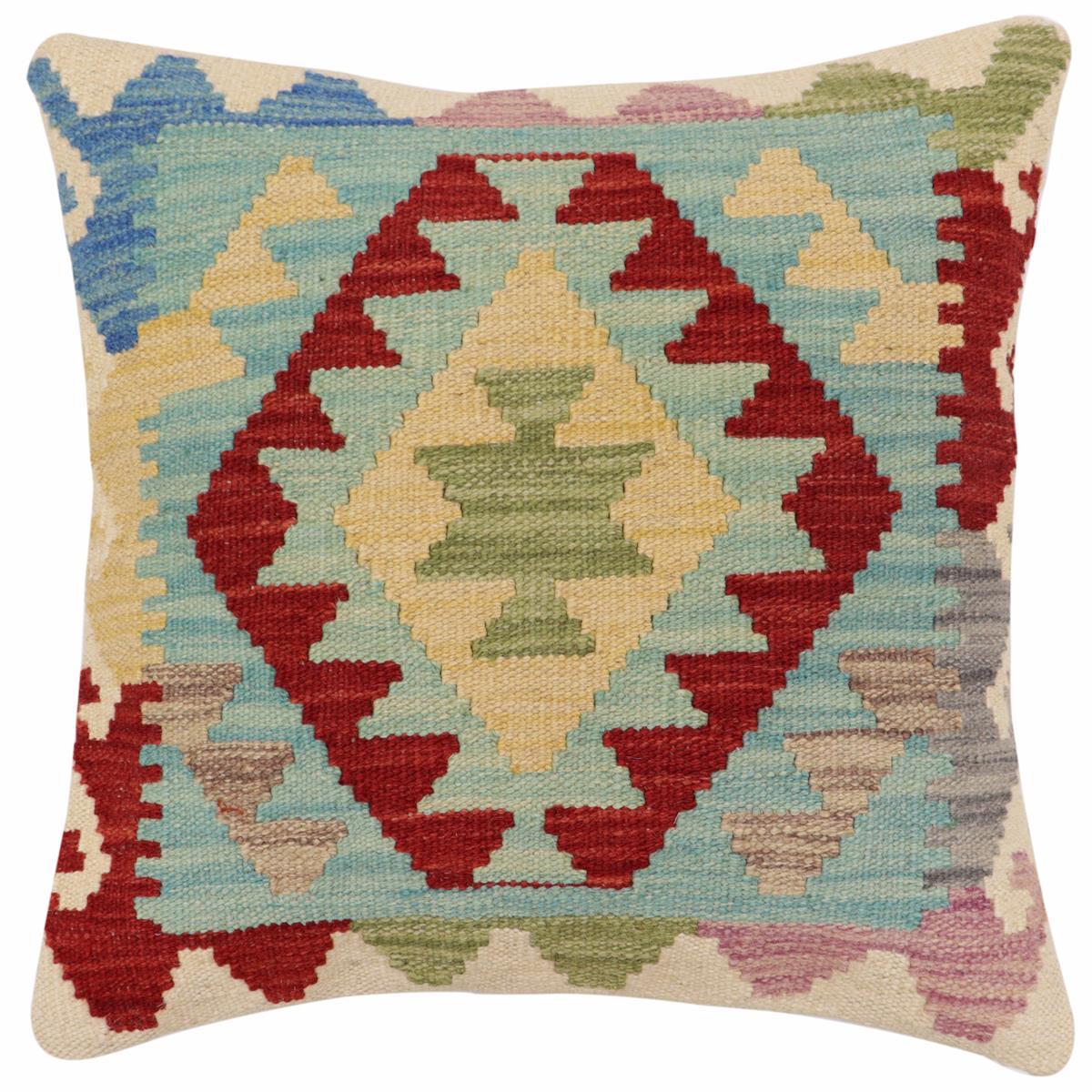 18x18 hand woven kilim throw pillow in blue, red and beige - Southwestern Salazar