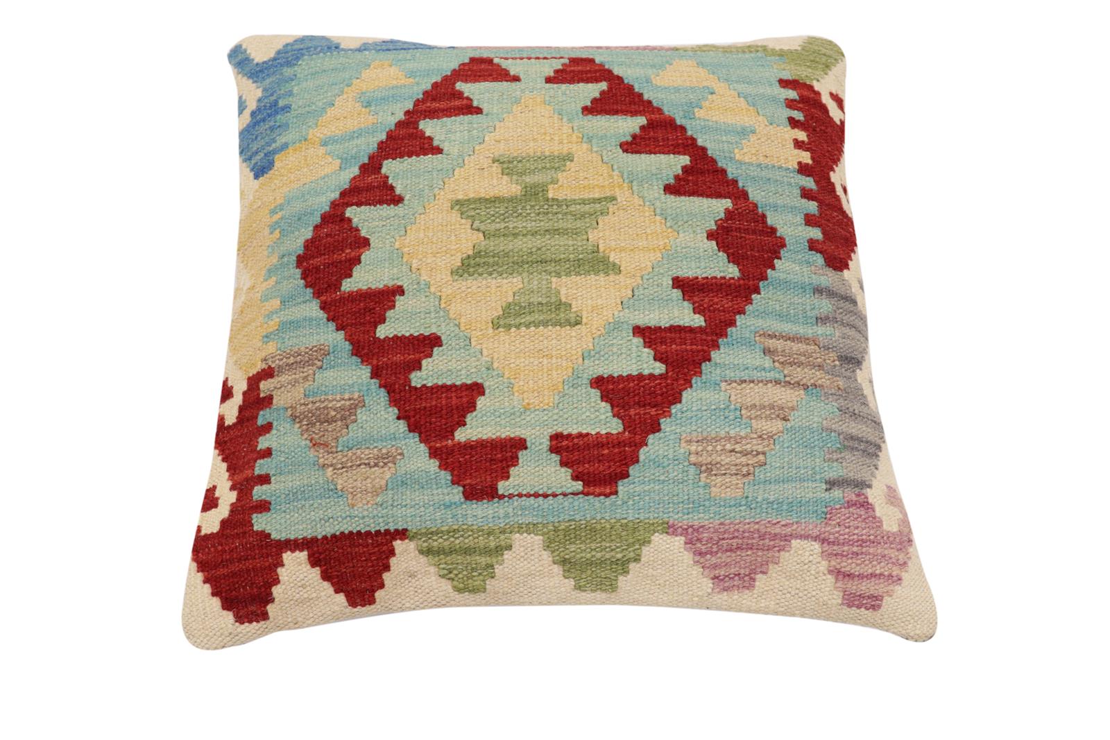 handmade Traditional Pillow Blue Red Hand-Woven SQUARE 100% WOOL Hand woven turkish pillow2 x 2