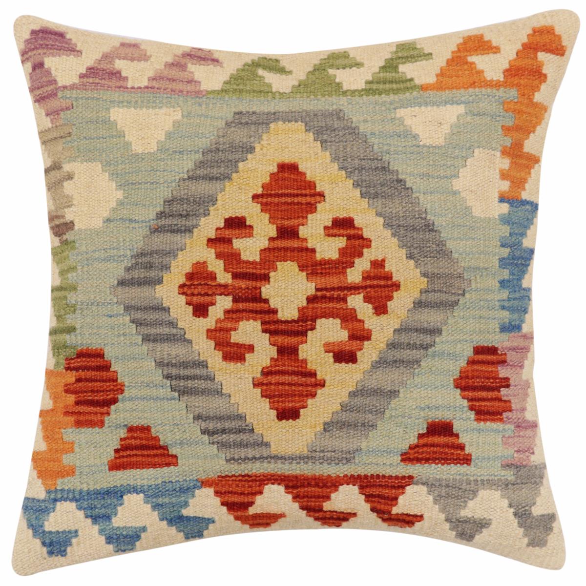 18x18 hand woven kilim throw pillow in rust, blue and beige - Tribal Kirk
