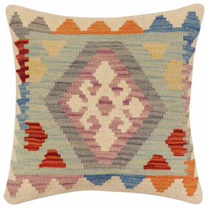 18x18 hand woven kilim throw pillow in blue, rust and beige - Bohemian Werner