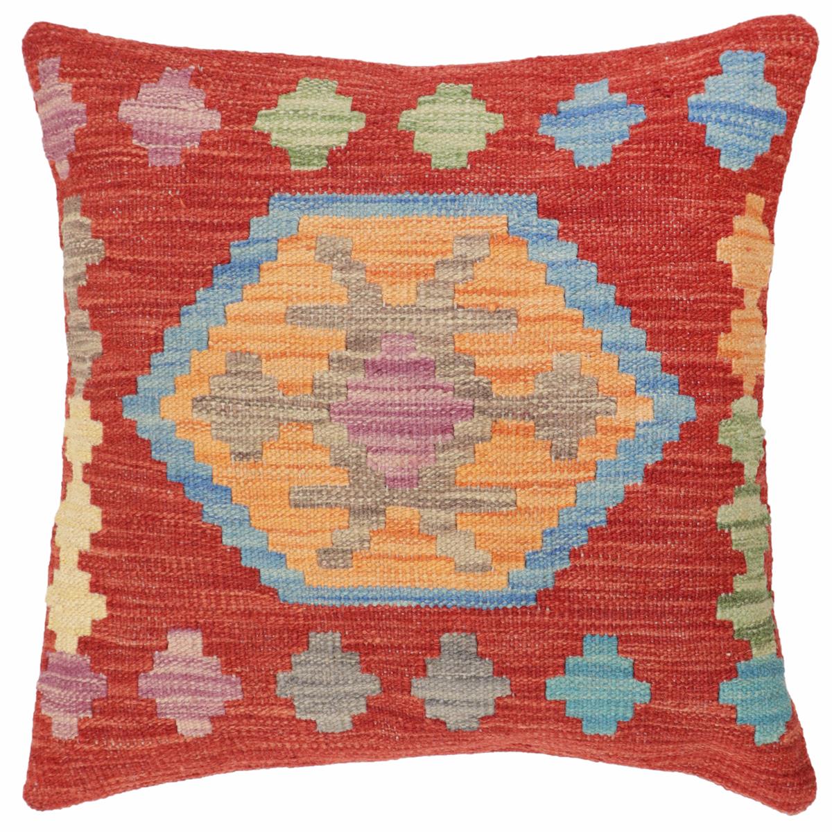 18x18 hand woven kilim throw pillow in red, blue and gray - Boho Chic Hendrix