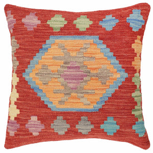 18x18 hand woven kilim throw pillow in red, blue and gray - Boho Chic Hendrix