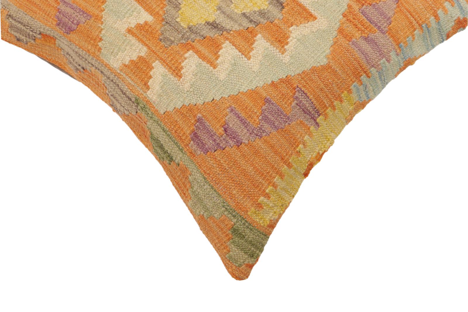 handmade Traditional Pillow Orange Blue Hand-Woven SQUARE 100% WOOL  Hand woven turkish pillow  2 x 2
