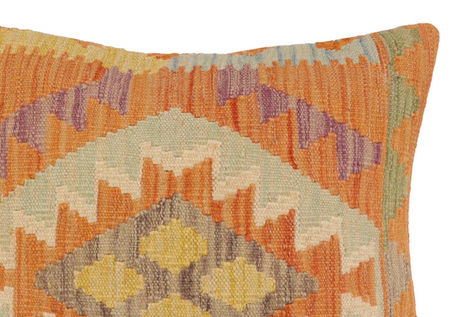 handmade Traditional Pillow Orange Blue Hand-Woven SQUARE 100% WOOL  Hand woven turkish pillow  2 x 2
