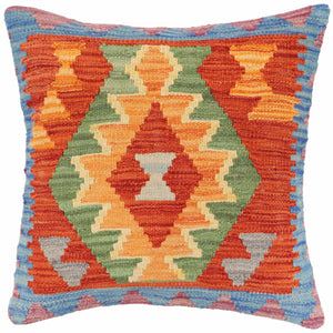 18x18 hand woven kilim throw pillow in rust, blue and gray - Boho Chic Randolph