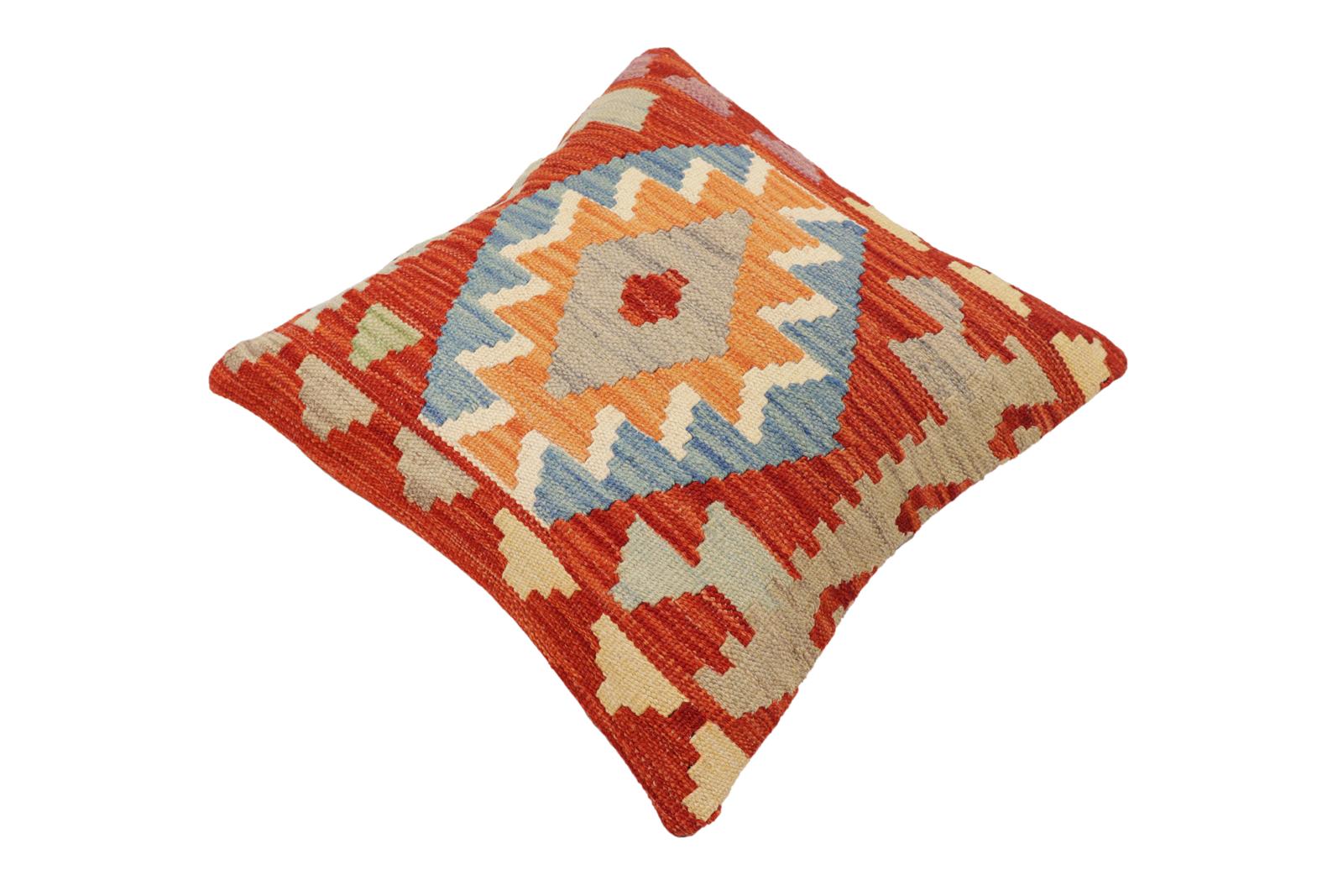 handmade Traditional Pillow Rust Blue Hand-Woven SQUARE 100% WOOL Hand woven turkish pillow2 x 2
