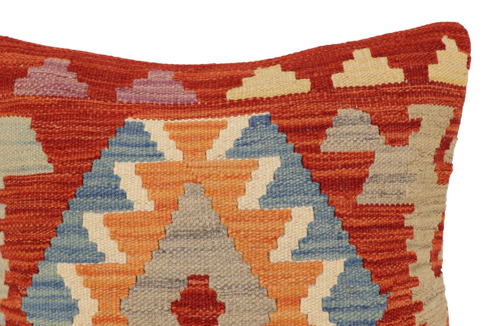 handmade Traditional Pillow Rust Blue Hand-Woven SQUARE 100% WOOL Hand woven turkish pillow2 x 2