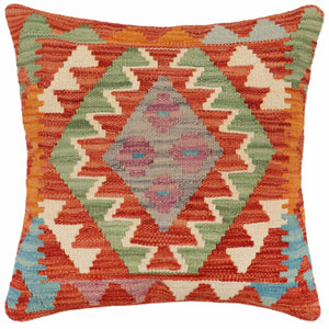18x18 hand woven kilim throw pillow in rust, blue and gray - Tribal Chang