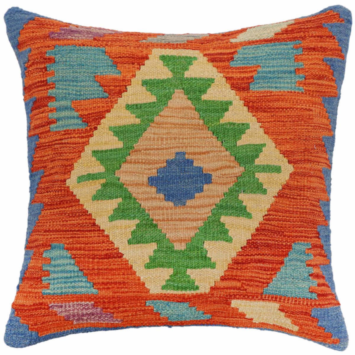 18x18 hand woven kilim throw pillow in rust, blue and green - Bohemian Mckinney