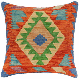 18x18 hand woven kilim throw pillow in rust, blue and green - Bohemian Mckinney