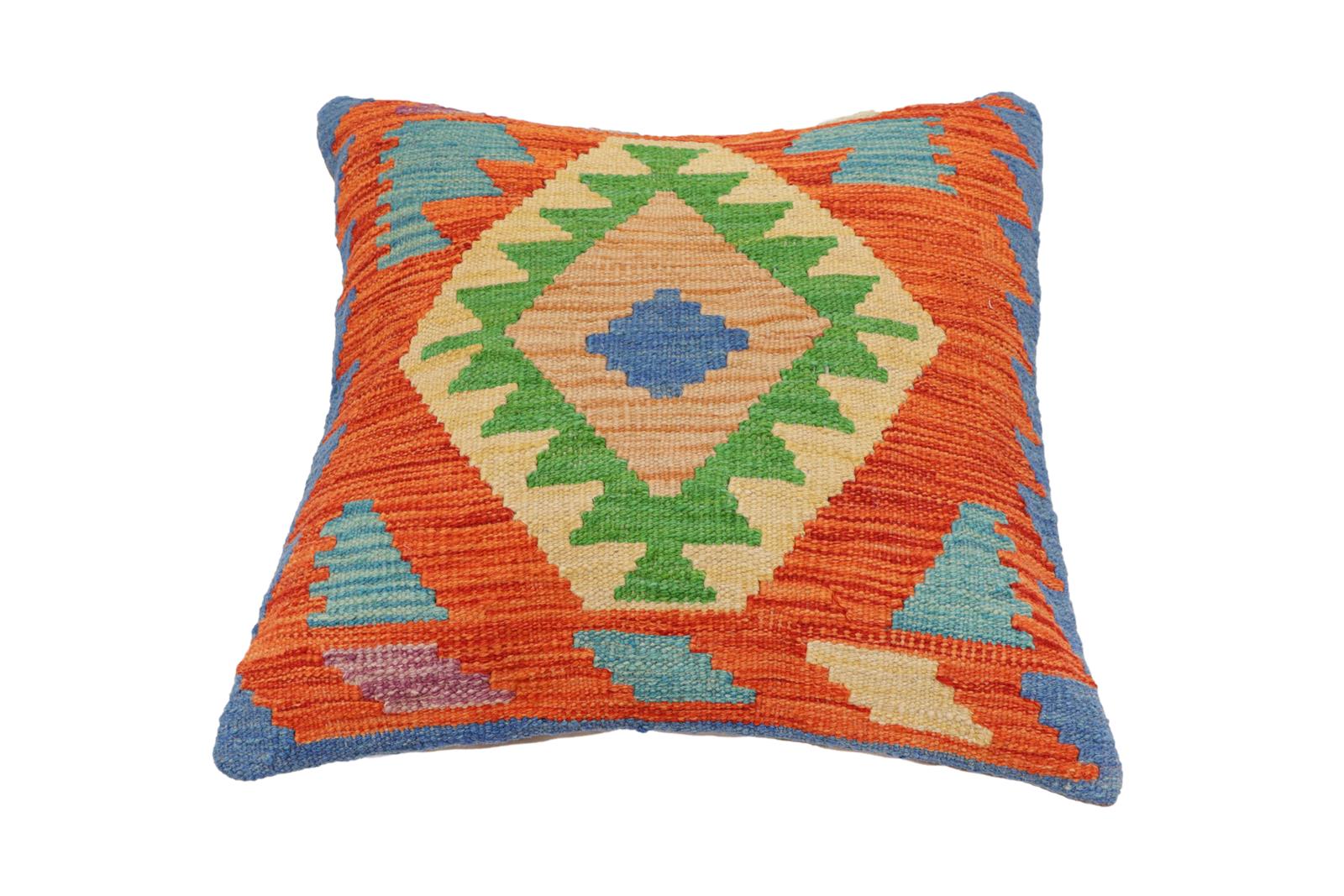 handmade Traditional Pillow Rust Blue Hand-Woven SQUARE 100% WOOL Hand woven turkish pillow2 x 2