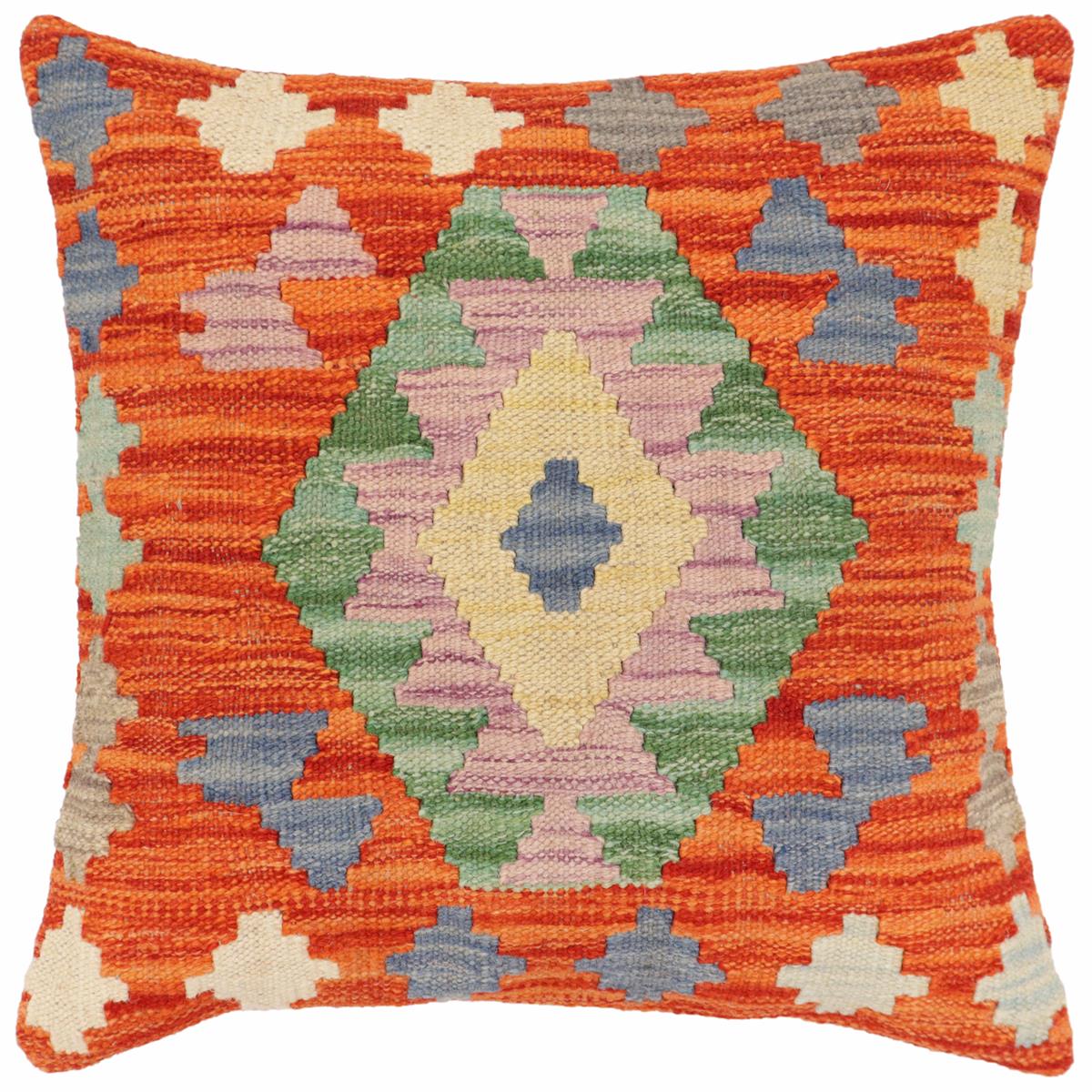 18x18 hand woven kilim throw pillow in rust, blue and gray - Rustic Mcintyre