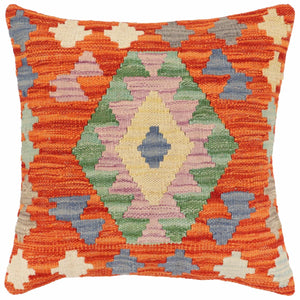 18x18 hand woven kilim throw pillow in rust, blue and gray - Rustic Mcintyre