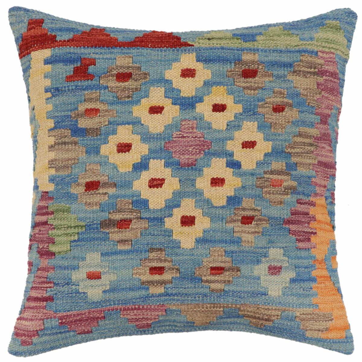 18x18 hand woven kilim throw pillow in blue, red and purple - Bohemian Wilcox