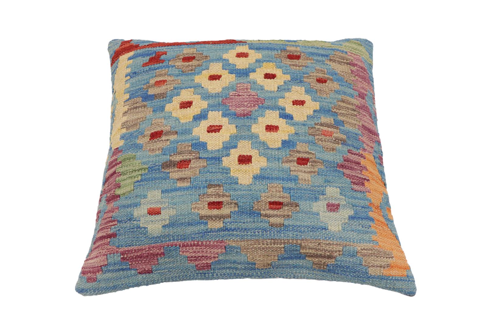 handmade Traditional Pillow Blue Red Hand-Woven SQUARE 100% WOOL Hand woven turkish pillow2 x 2