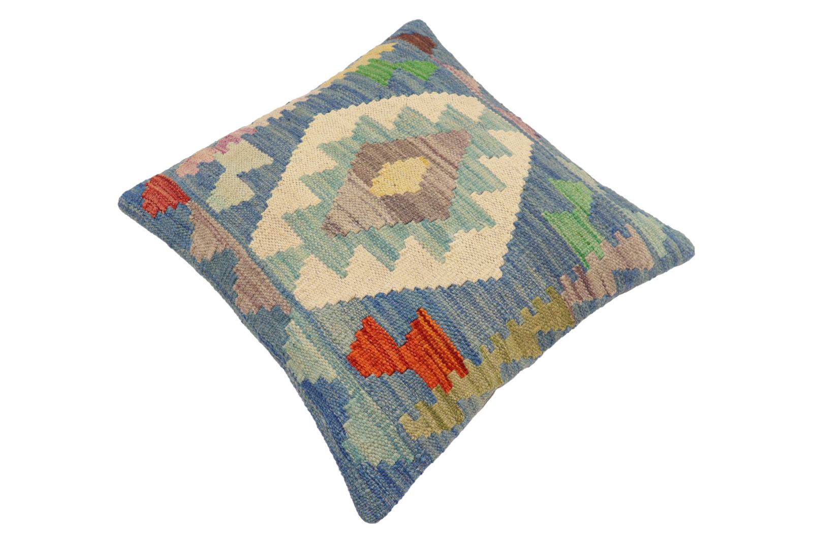 handmade Traditional Pillow Blue Rust Hand-Woven SQUARE 100% WOOL Hand woven turkish pillow2 x 2