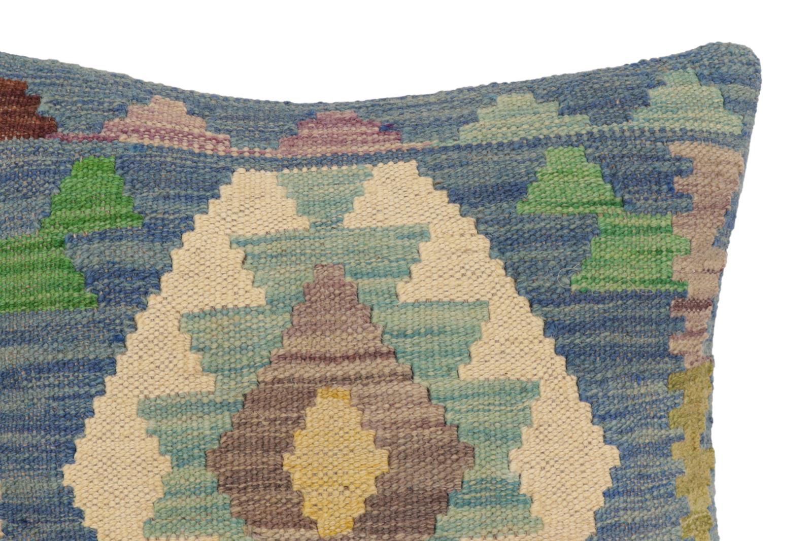 handmade Traditional Pillow Blue Rust Hand-Woven SQUARE 100% WOOL Hand woven turkish pillow2 x 2