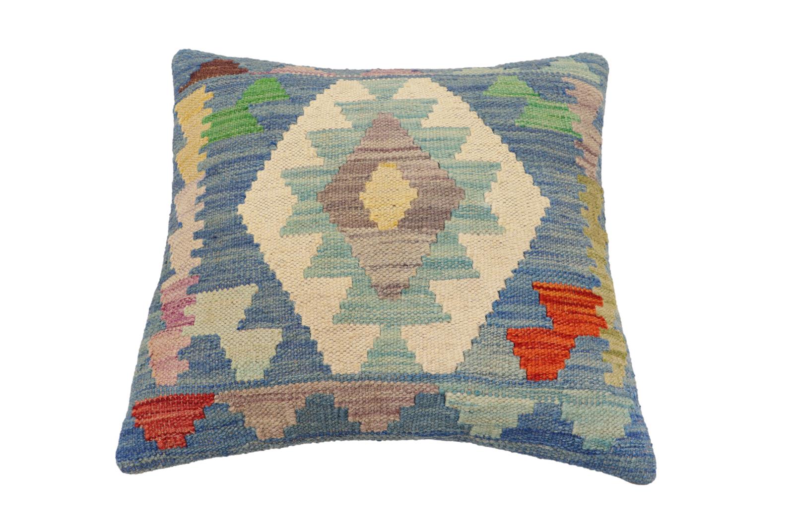 handmade Traditional Pillow Blue Rust Hand-Woven SQUARE 100% WOOL Hand woven turkish pillow2 x 2