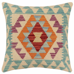 18x18 hand woven kilim throw pillow in beige, blue and red - Tribal Blair