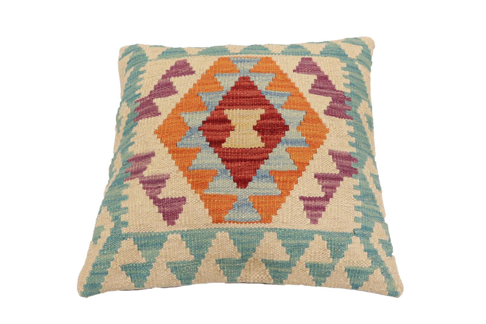 handmade Traditional Pillow Beige Blue Hand-Woven SQUARE 100% WOOL Hand woven turkish pillow2 x 2