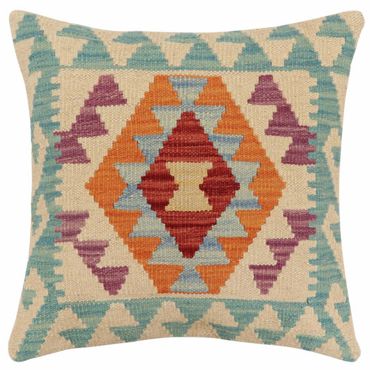 handmade Traditional Pillow Beige Blue Hand-Woven SQUARE 100% WOOL Hand woven turkish pillow2 x 2