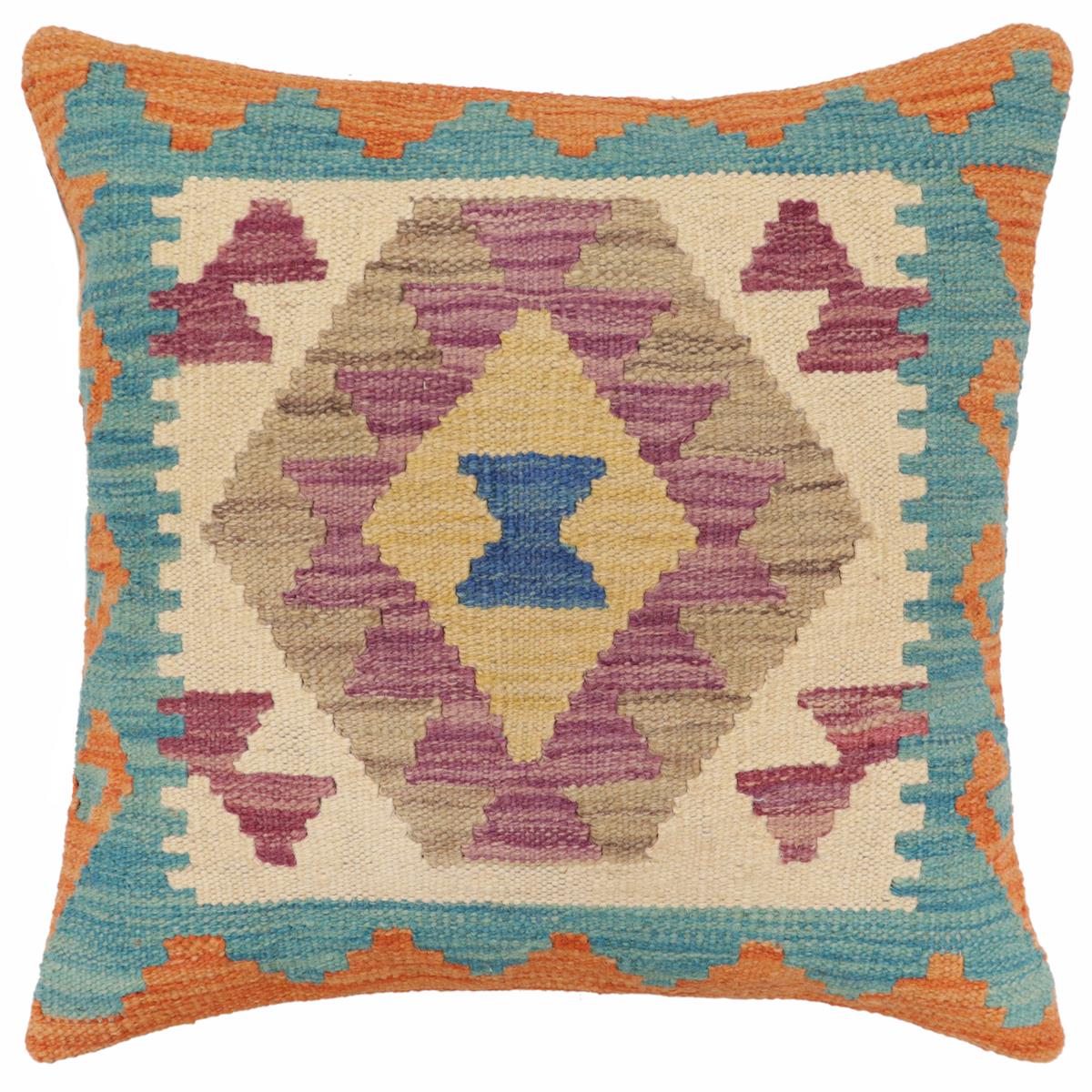 18x18 hand woven kilim throw pillow in blue, orange and beige - Bohemian Li