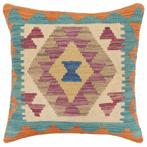 18x18 hand woven kilim throw pillow in blue, orange and beige - Bohemian Li