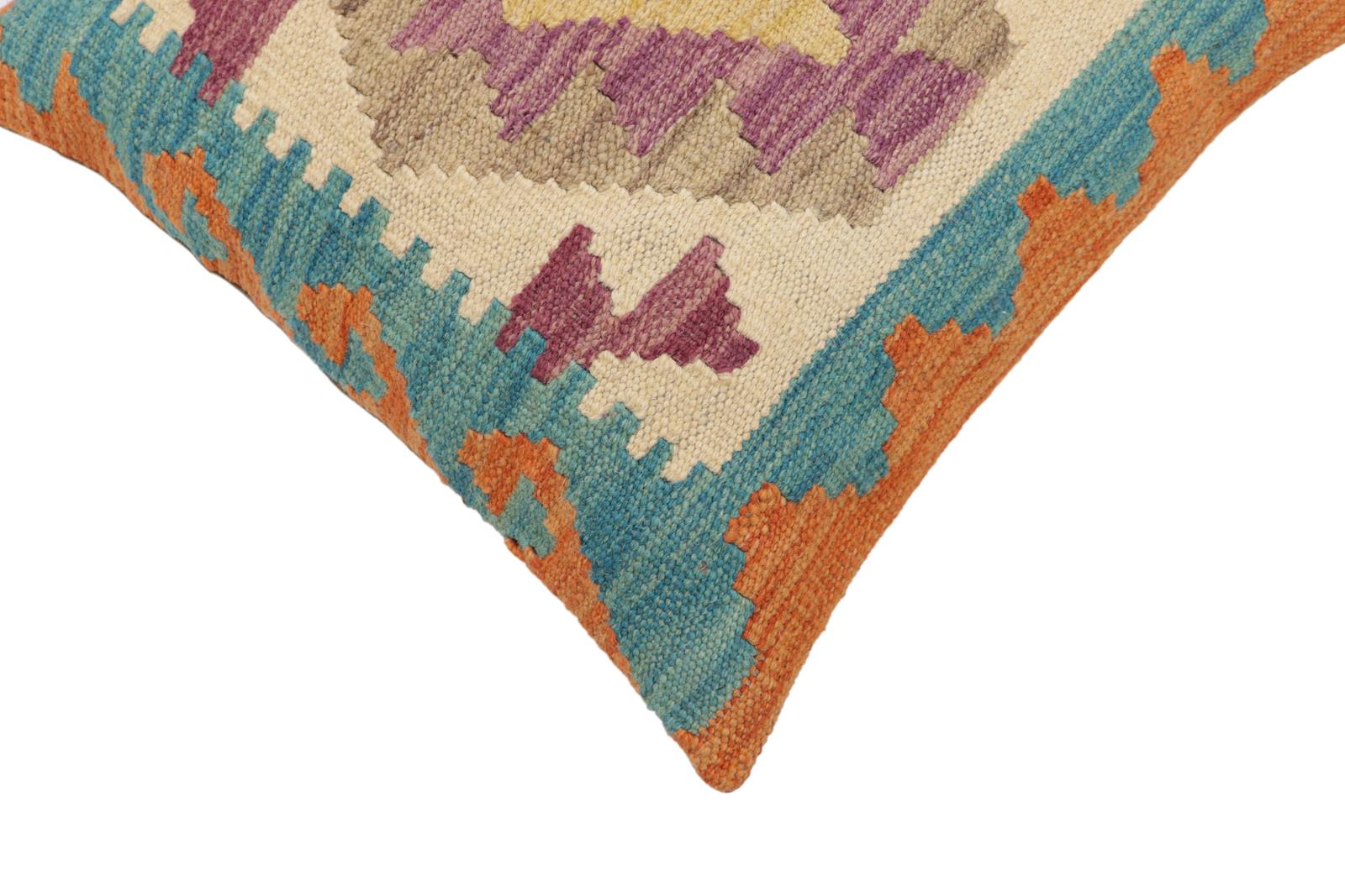 handmade Traditional Pillow Blue Orange Hand-Woven SQUARE 100% WOOL Hand woven turkish pillow2 x 2