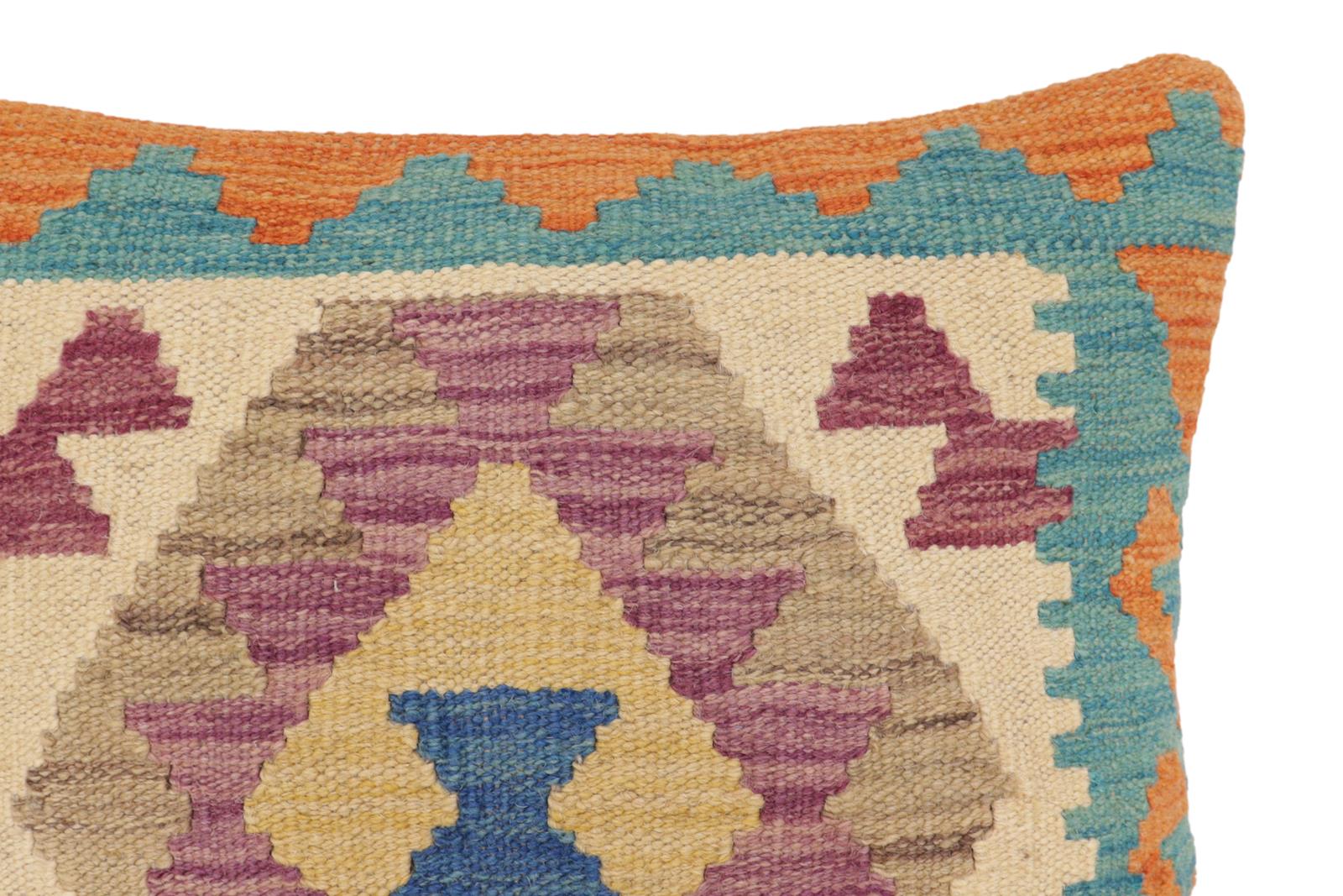 handmade Traditional Pillow Blue Orange Hand-Woven SQUARE 100% WOOL Hand woven turkish pillow2 x 2