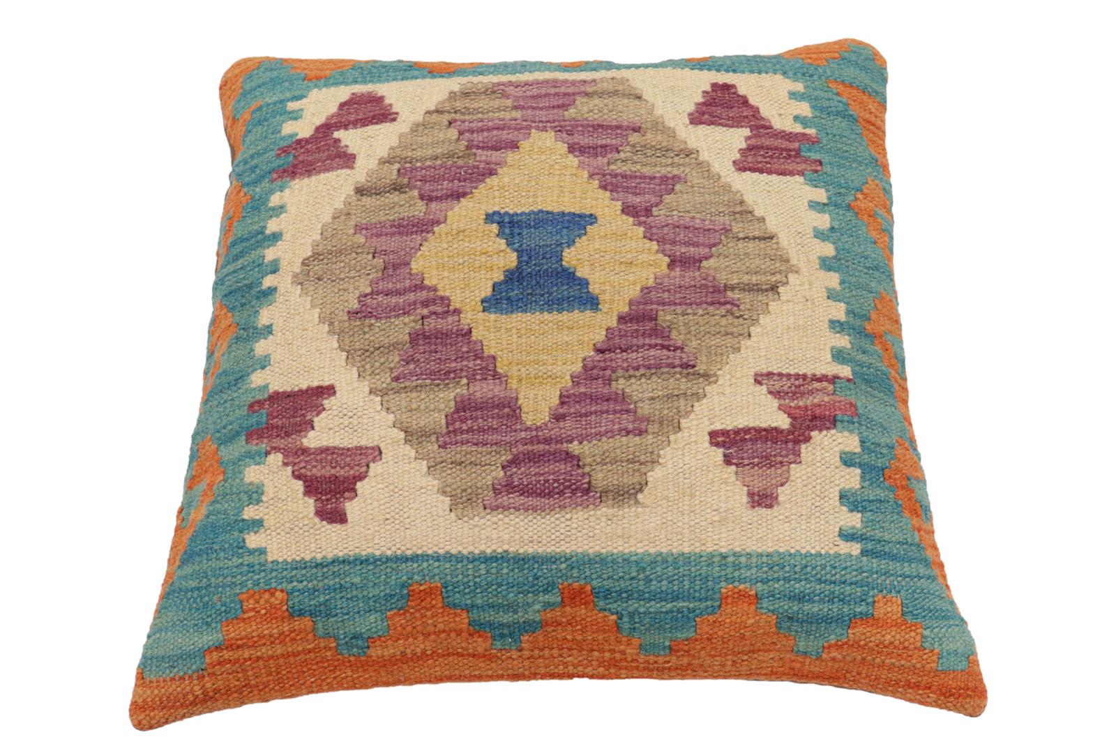 handmade Traditional Pillow Blue Orange Hand-Woven SQUARE 100% WOOL Hand woven turkish pillow2 x 2