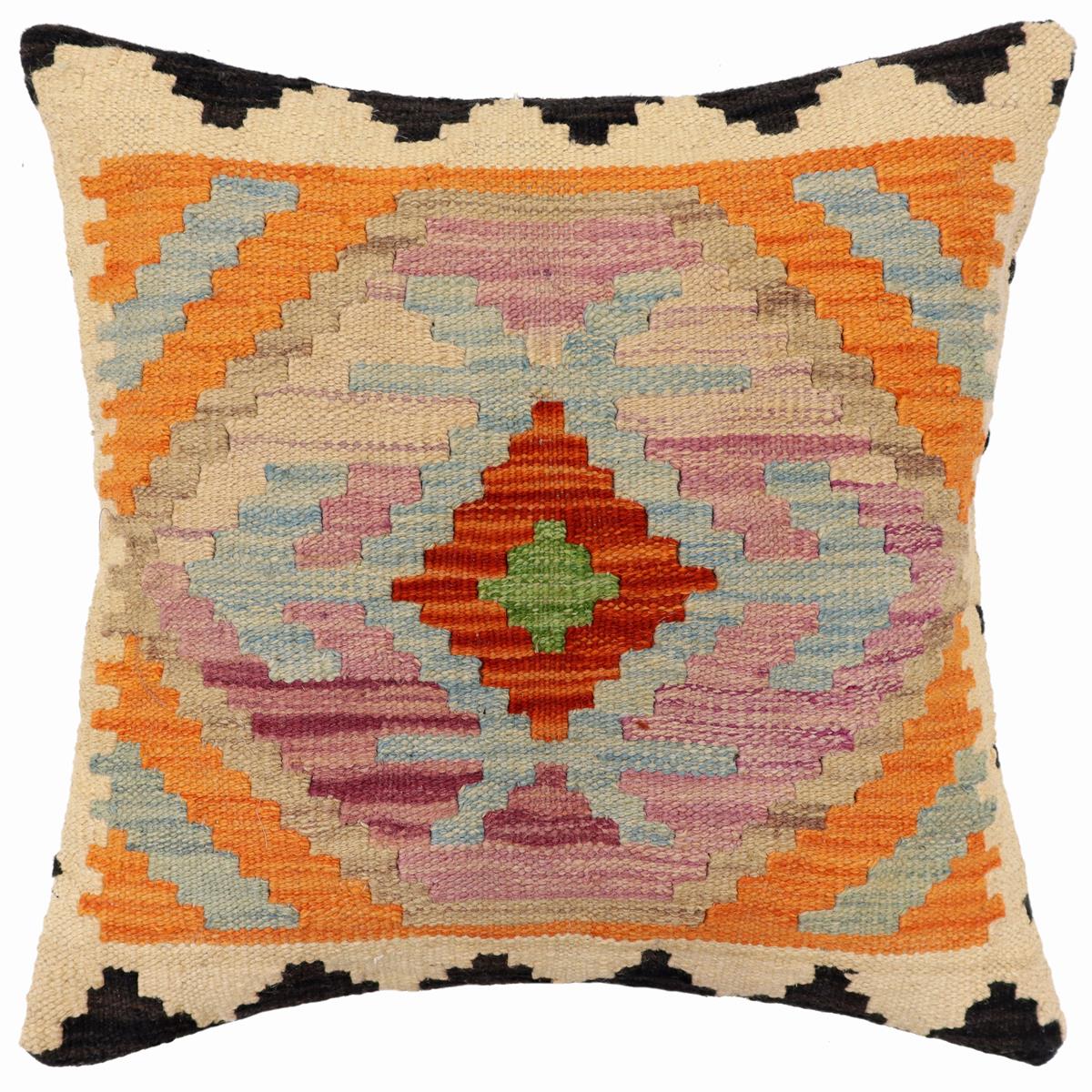 18x18 hand woven kilim throw pillow in rust, blue and beige - Boho Chic Cantrell