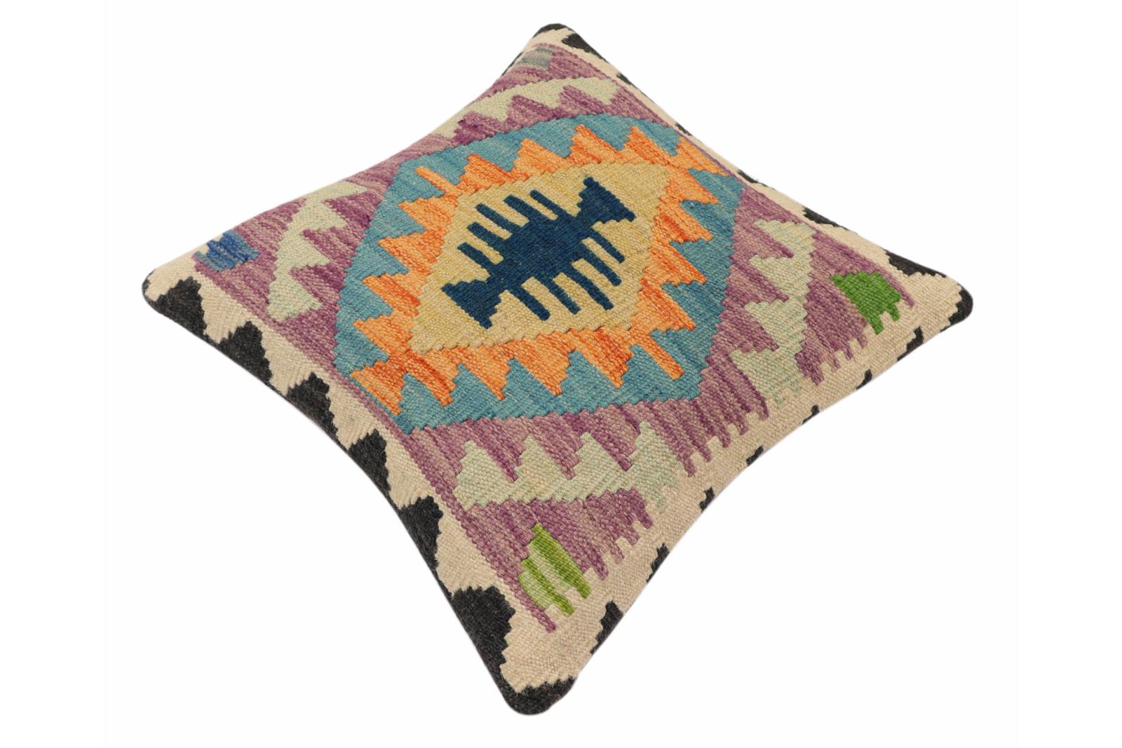 handmade Traditional Pillow Blue Beige Hand-Woven SQUARE 100% WOOL Hand woven turkish pillow2 x 2