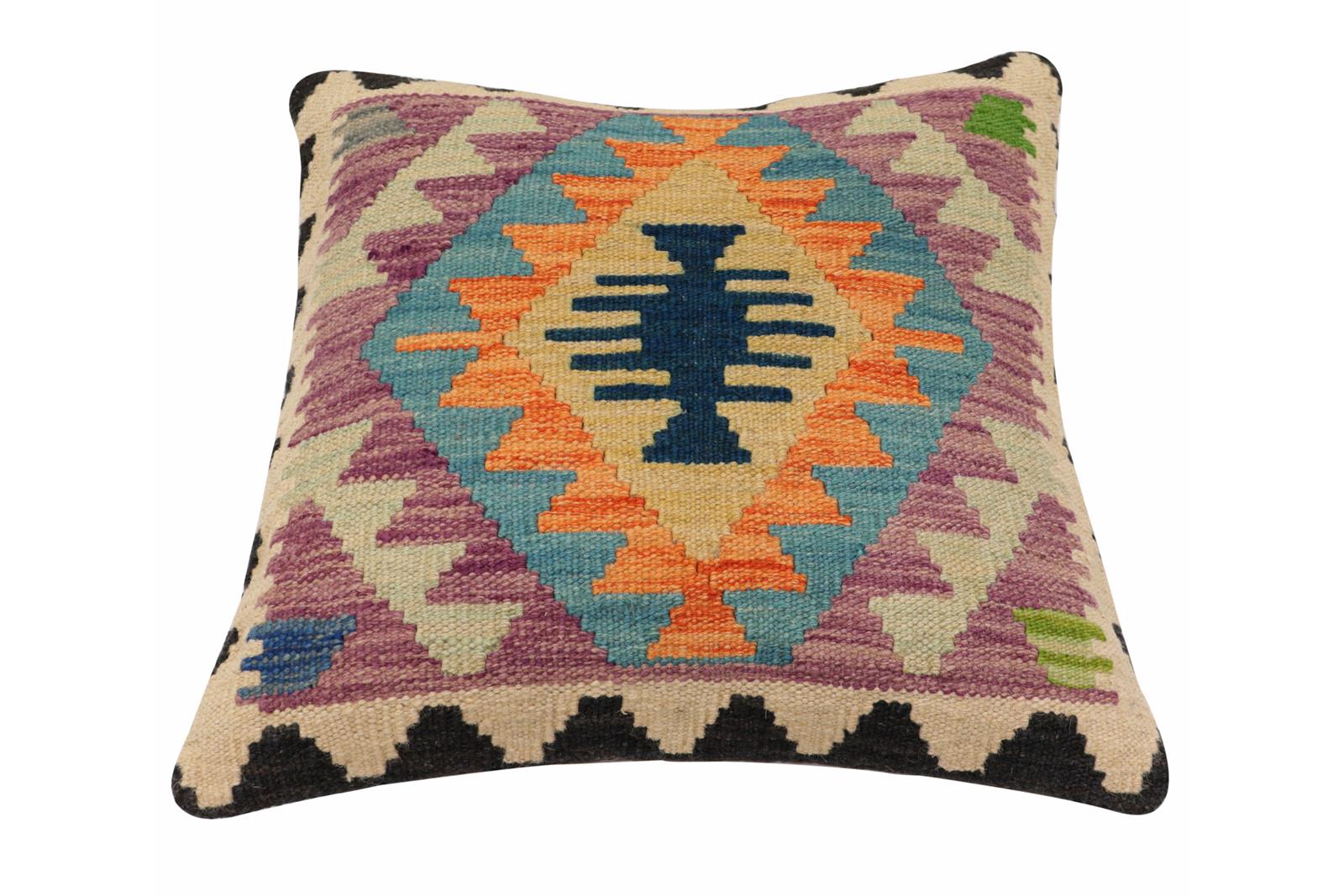 handmade Traditional Pillow Blue Beige Hand-Woven SQUARE 100% WOOL Hand woven turkish pillow2 x 2