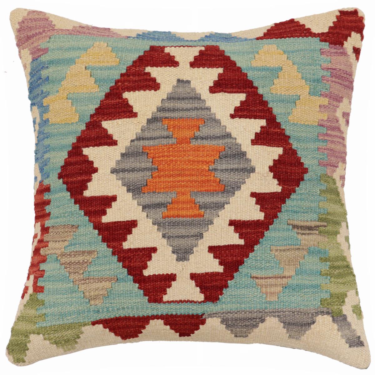 18x18 hand woven kilim throw pillow in red, blue and gray - Rustic Frey